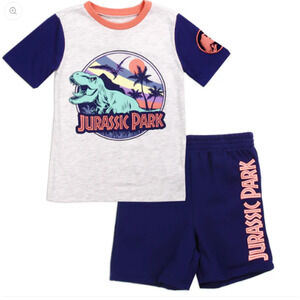 Jurassic Park Boys' 2-Piece Dino Graphic Tee - Shorts Set – Navy & Coral
